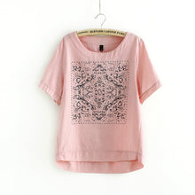 New Casual Women European Style O-neck T shirts Female Short Sleeve Cotton Linen Tshirt Plus Size Print Top 70735 SM6