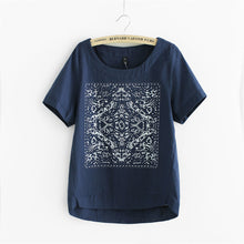 New Casual Women European Style O-neck T shirts Female Short Sleeve Cotton Linen Tshirt Plus Size Print Top 70735 SM6