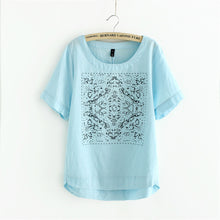 New Casual Women European Style O-neck T shirts Female Short Sleeve Cotton Linen Tshirt Plus Size Print Top 70735 SM6