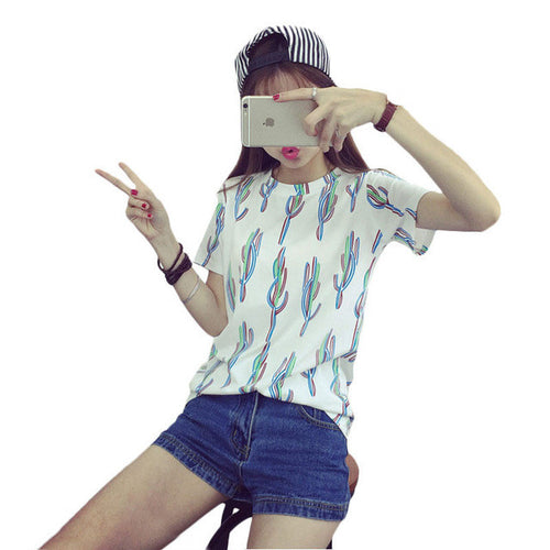 New Casual Women European Style O-neck T shirts Female Short Sleeve Cotton Tshirt Plus Size Print Top 70736 SM6