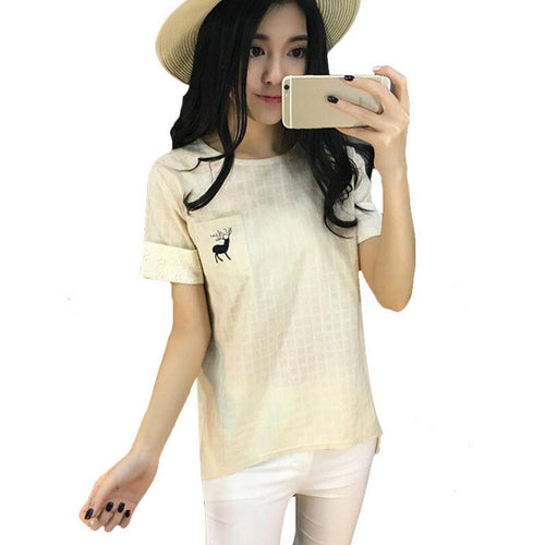 New Casual Women Korean Style O-neck Embroidery T shirts Female Short Sleeve Cotton Linen Tshirt Plus Size Plaid Top 70741 SM6