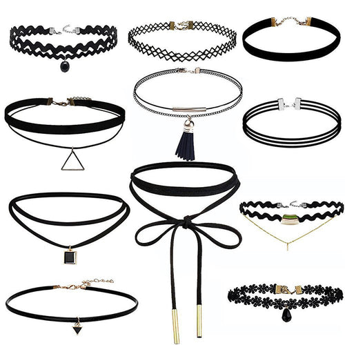 11 Pieces Women Choker Necklace Set Stretch Black Velvet Classic Gothic Tattoo Lace Chokers Jewelry CF