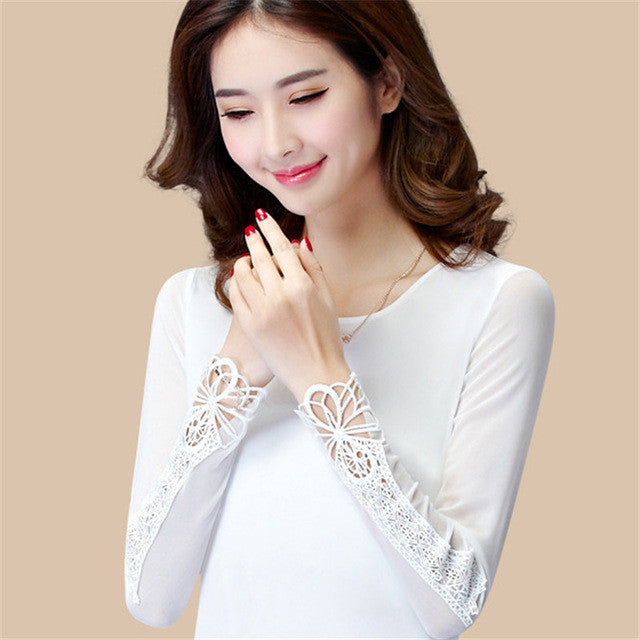 New Fashion Autumn Hot  Shirt Women Blouse O-neck Full Tee Shirt Chiffon Lace Casual Blouses Plus Size Blusas 71516 SM6