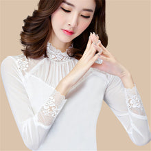 New Fashion Autumn Hot  Shirt Women Blouse Stand Full Tee Shirt Chiffon Lace Casual Blouses Plus Size Blusas 71517 SM6