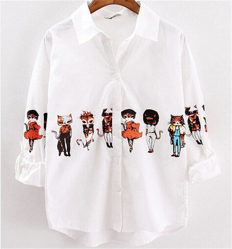New Fashion Cartoon Print Shirts Women Button Half Sleeve Turn-down Collar Blouse Female Loose Casual Shirt Tops 31822 SM6