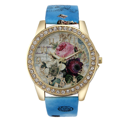 Chinese Style Peony Pattern Watch Gilt Digital Quartz Casual Leather Clock Women Dress Flower Wristwatch CF