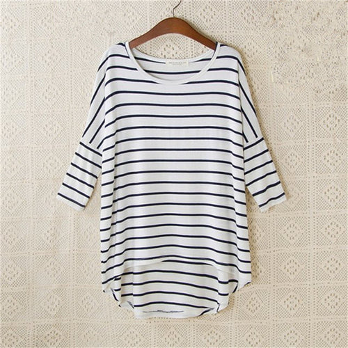 New Fashion Loose T-shirt Large Size O-neck 3/4 Sleeve tShirt Women Stripped Top 70830 SM6
