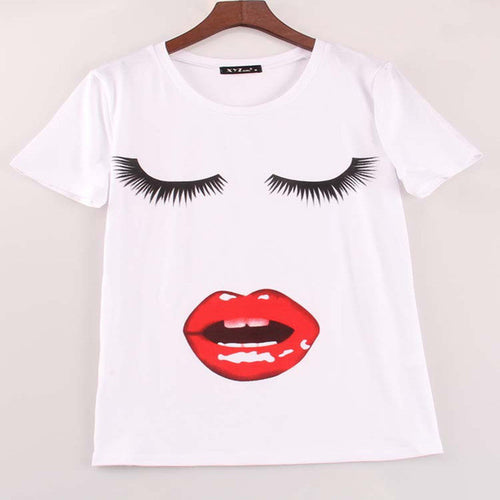 New Fashion Short Sleeve Plus Size T-shirts Female T shirts Print Tops Red Lip Mouth Women Clothing 70603 SM6