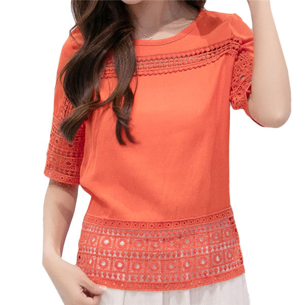 New Fashion Short Sleeve Plus Size T-shirts Female T shirts S-2XL Lace Tops Women Clothing 71060 SM6