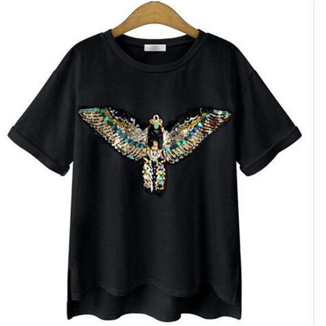 New Fashion Short Sleeve Plus Size T-shirts Female Wing Print Appliques T shirts Women Clothing Top 71047 SM6