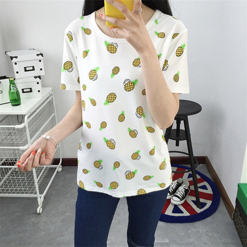 New Fashion Women clothing T shirts Pineapple Letter Print t-shirt Women Top Short Sleeve Female Fruit tops 71683 SM6