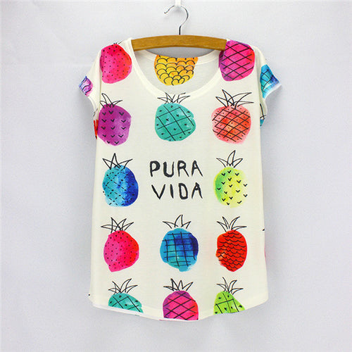 New Fashion Women clothing T shirts Print t-shirt Women Top Short Sleeve Female Fruit tops 71655 SM6