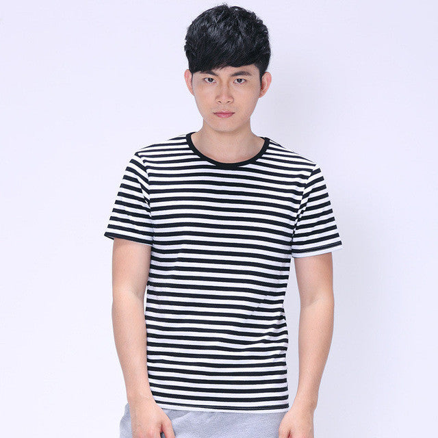 New Plus Size S-3XL T Shirt Black and White Men Short-sleeved O- Neck T-shirt Stripped t Shirt Tops 70405 SM6