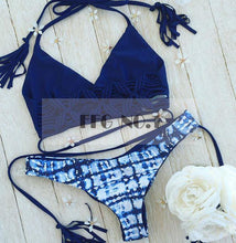 New bandage high waist bikini blue printing bikini women padded swimsuit bandage cut out swimwear halter bathing suit CF