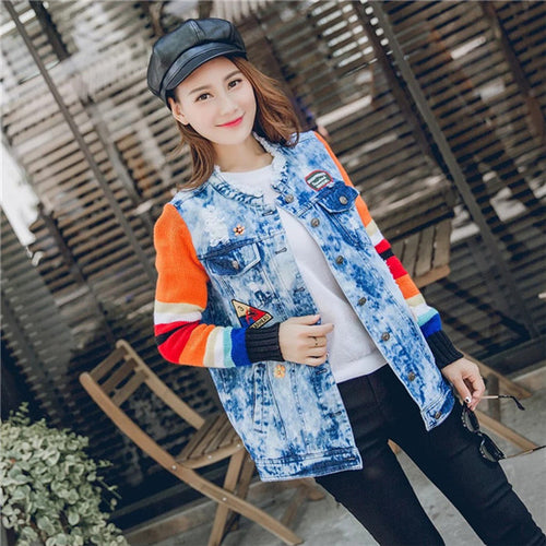 Fashion Autumn Sequins Embroidery Outwear Full Sleeve O-neck Hole Coat Print Jacket Plus Size Denim Knitting Jacket 71944 SM6