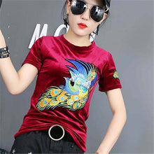 Fashion Female t shirts Short Sleeve T-shirts Plus Size Embroidery Animal tshirt Sequined O-neck Women Tops 72456 SM6