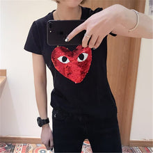 Fashion Female t shirts Short Sleeve T-shirts Plus Size Eye Embroidery Heart Sequined tshirt O-neck Women Tops 72527 SM6