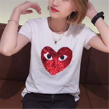 Fashion Female t shirts Short Sleeve T-shirts Plus Size Eye Embroidery Heart Sequined tshirt O-neck Women Tops 72527 SM6