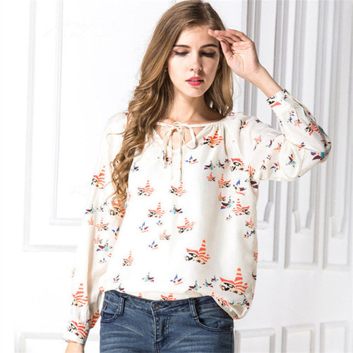 Fashion New Elegant Full Sleeve Chiffon Blouse Bow Tie Print Women Plus Size Tops Stand collar Shirt OL Blusas 72496 SM6
