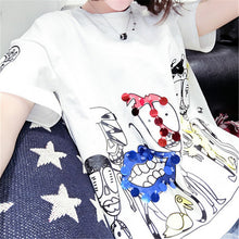 Fashion New Short Sleeve Plus Size T-shirts Casual Female t shirts Funny Character Sequined Tops O-neck Women tshirts 72543 SM6