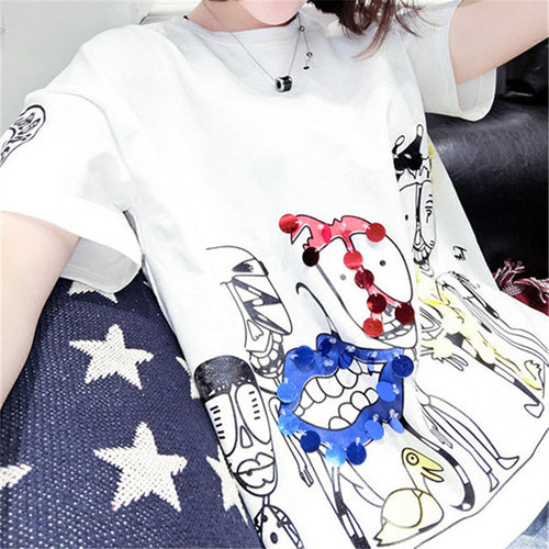 Fashion New Short Sleeve Plus Size T-shirts Casual Female t shirts Funny Character Sequined Tops O-neck Women tshirts 72543 SM6