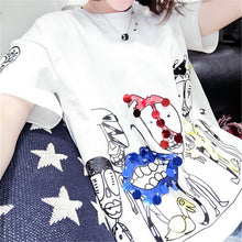 Fashion New Short Sleeve Plus Size T-shirts Casual Female t shirts Funny Character Sequined Tops O-neck Women tshirts 72543 SM6