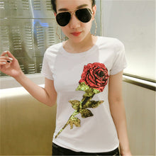 Fashion New Short Sleeve S-3XL T-shirts Casual Female t shirts Slim Rose Sequined Tops O-neck Women tshirts 72539 SM6