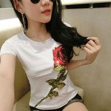 Fashion New Short Sleeve S-3XL T-shirts Casual Female t shirts Slim Rose Sequined Tops O-neck Women tshirts 72539 SM6