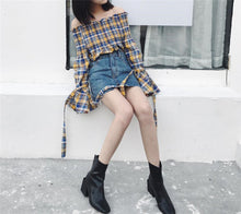 Fashion New Summer Elegant Full Sleeve Blouse Women kawaii Tops Plaid Slash neck Shirt Sexy Blusas With Bow 72411 SM6