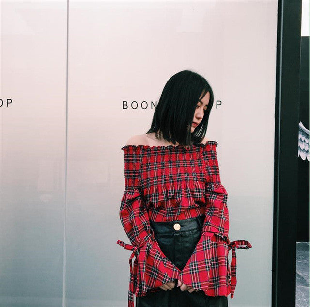 Fashion New Summer Elegant Full Sleeve Blouse Women kawaii Tops Plaid Slash neck Shirt Sexy Blusas With Bow 72411 SM6