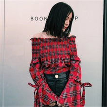 Fashion New Summer Elegant Full Sleeve Blouse Women kawaii Tops Plaid Slash neck Shirt Sexy Blusas With Bow 72411 SM6