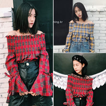 Fashion New Summer Elegant Full Sleeve Blouse Women kawaii Tops Plaid Slash neck Shirt Sexy Blusas With Bow 72411 SM6