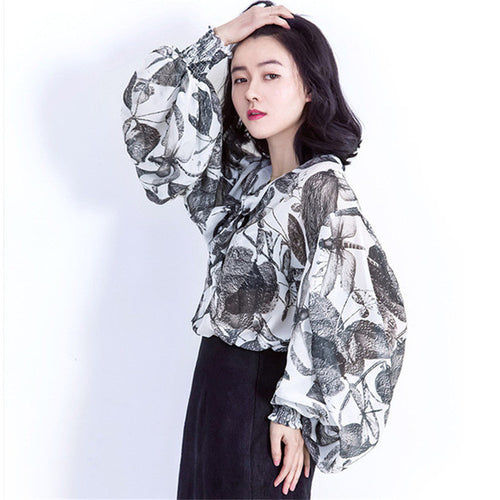 Fashion New Summer Full Lantern Sleeve Blouse Women Plus Size Tops Chiffon Turn-down Shirt Print Blusas With Bow 72406 SM6