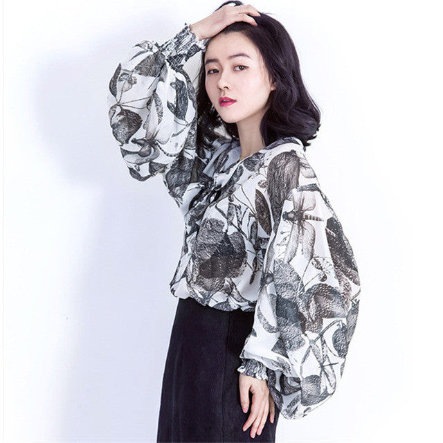 Fashion New Summer Full Lantern Sleeve Blouse Women Plus Size Tops Chiffon Turn-down Shirt Print Blusas With Bow 72406 SM6
