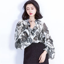 Fashion New Summer Full Lantern Sleeve Blouse Women Plus Size Tops Chiffon Turn-down Shirt Print Blusas With Bow 72406 SM6