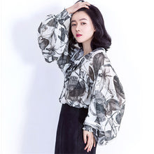 Fashion New Summer Full Lantern Sleeve Blouse Women Plus Size Tops Chiffon Turn-down Shirt Print Blusas With Bow 72406 SM6