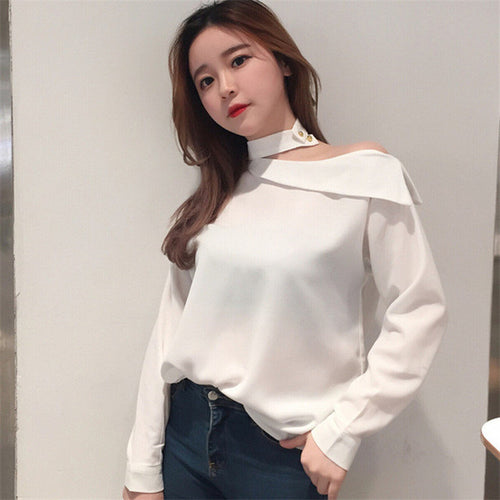 Fashion New Summer Off Shoulder Full Sleeve Blouse Women Plus Size Tops Chiffon Turn-down Shirt Sexy Blusas 72405 SM6