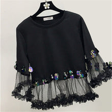 Fashion New Three Quarter Sleeve T-shirts Plus Size Female t shirts Patchwork Lace Sequined Tops O-neck Women tshirts 72540 SM6