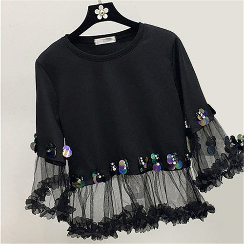 Fashion New Three Quarter Sleeve T-shirts Plus Size Female t shirts Patchwork Lace Sequined Tops O-neck Women tshirts 72540 SM6