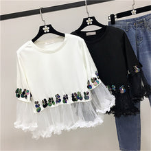 Fashion New Three Quarter Sleeve T-shirts Plus Size Female t shirts Patchwork Lace Sequined Tops O-neck Women tshirts 72540 SM6