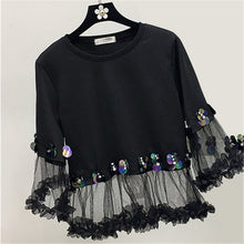 Fashion New Three Quarter Sleeve T-shirts Plus Size Female t shirts Patchwork Lace Sequined Tops O-neck Women tshirts 72540 SM6