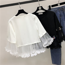 Fashion New Three Quarter Sleeve T-shirts Plus Size Female t shirts Patchwork Lace Sequined Tops O-neck Women tshirts 72540 SM6