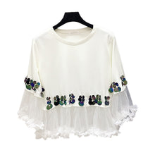 Fashion New Three Quarter Sleeve T-shirts Plus Size Female t shirts Patchwork Lace Sequined Tops O-neck Women tshirts 72540 SM6