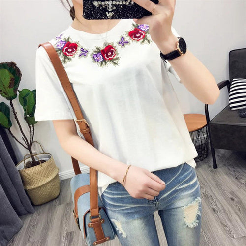 Fashion Short Sleeve T-shirts New Fashion Sided Flowers Embroidery T Shirts Brief t-shirt Casual Women Tops Plus Size 72656 SM6