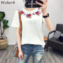 Fashion Short Sleeve T-shirts New Fashion Sided Flowers Embroidery T Shirts Brief t-shirt Casual Women Tops Plus Size 72656 SM6