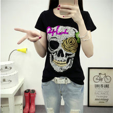 Fashion Short Sleeve T-shirts Plus Size Female t shirts Skull Print tshirt Sequined O-neck Women Tops 72454 SM6