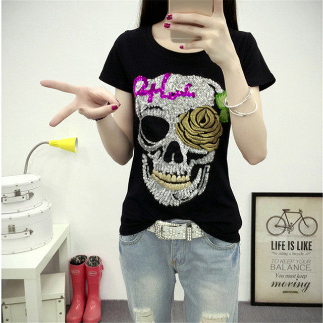 Fashion Short Sleeve T-shirts Plus Size Female t shirts Skull Print tshirt Sequined O-neck Women Tops 72454 SM6