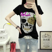 Fashion Short Sleeve T-shirts Plus Size Female t shirts Skull Print tshirt Sequined O-neck Women Tops 72454 SM6
