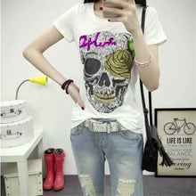 Fashion Short Sleeve T-shirts Plus Size Female t shirts Skull Print tshirt Sequined O-neck Women Tops 72454 SM6
