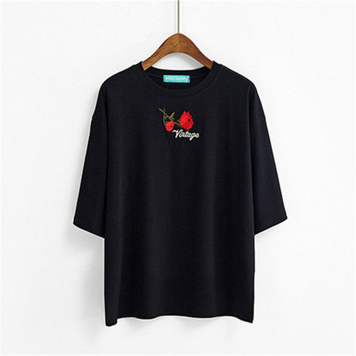 Fashion Summer Short Sleeve T-shirts New Fashion Letter Rose Floral Embroidery T Shirts Casual Women Tops Plus Size 72653 SM6